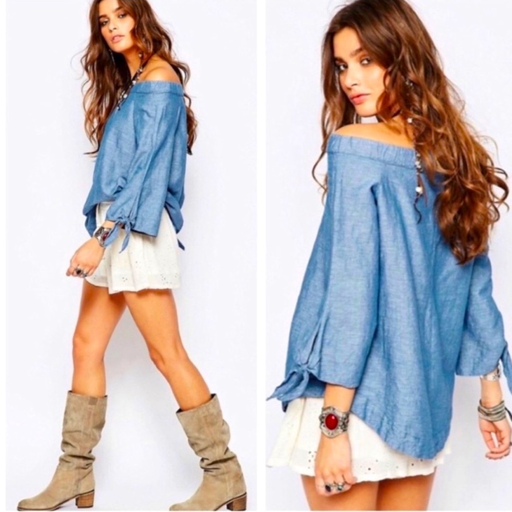 Free People Show Me Some Shoulder Chambray Tie Sleeves Linen Blend Top Blouse XS